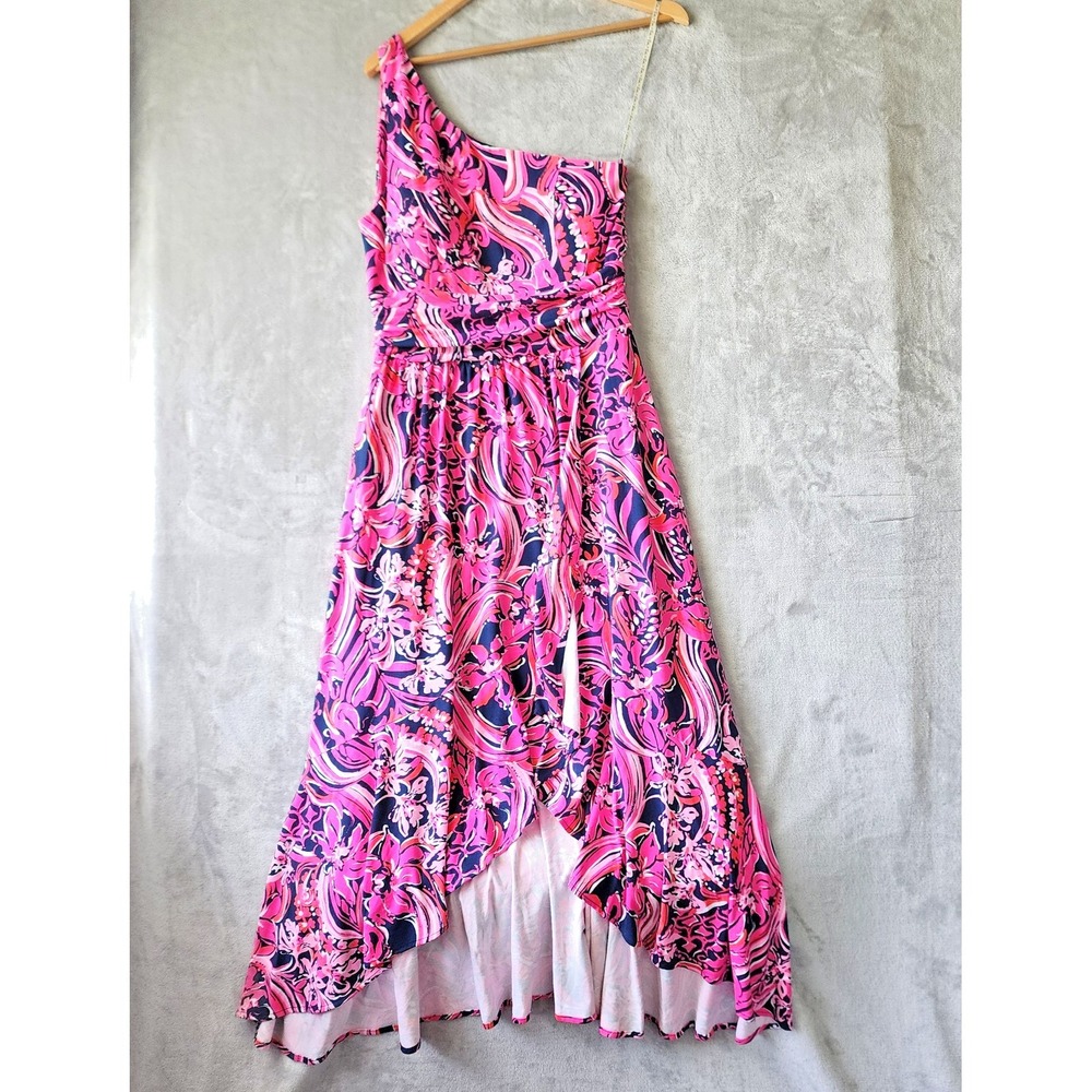Lilly Pulitzer Maxi Dress Womens Medium Ruffle Monico Flirty Fins Feathers *Flaw